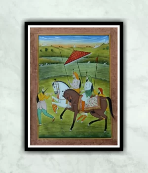 Sikh on Horse Punjab Style Miniature Painting