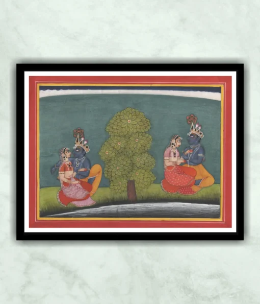 Radha Krishna Love Theme Basohli Style Painting