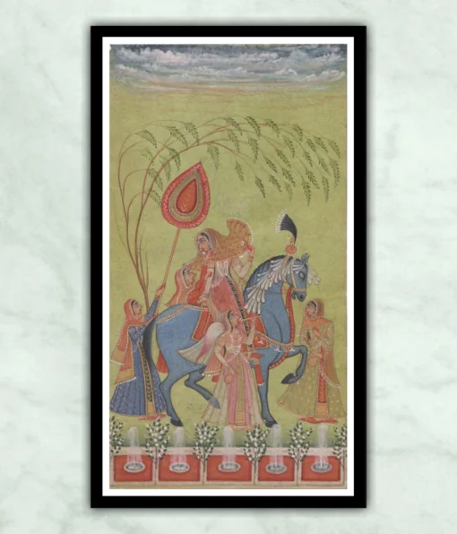 A Lady Riding A Blue Roan Kota Style Miniature Painting