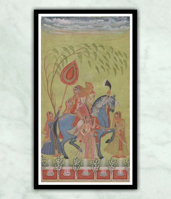A Lady Riding A Blue Roan Kota Style Miniature Painting
