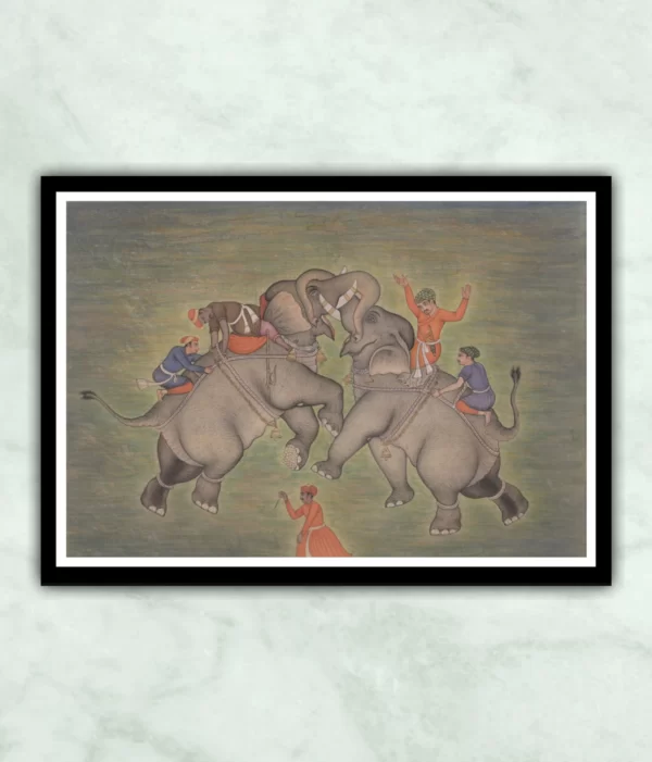 Deccan Mughal Elephant Fight Miniature Painting